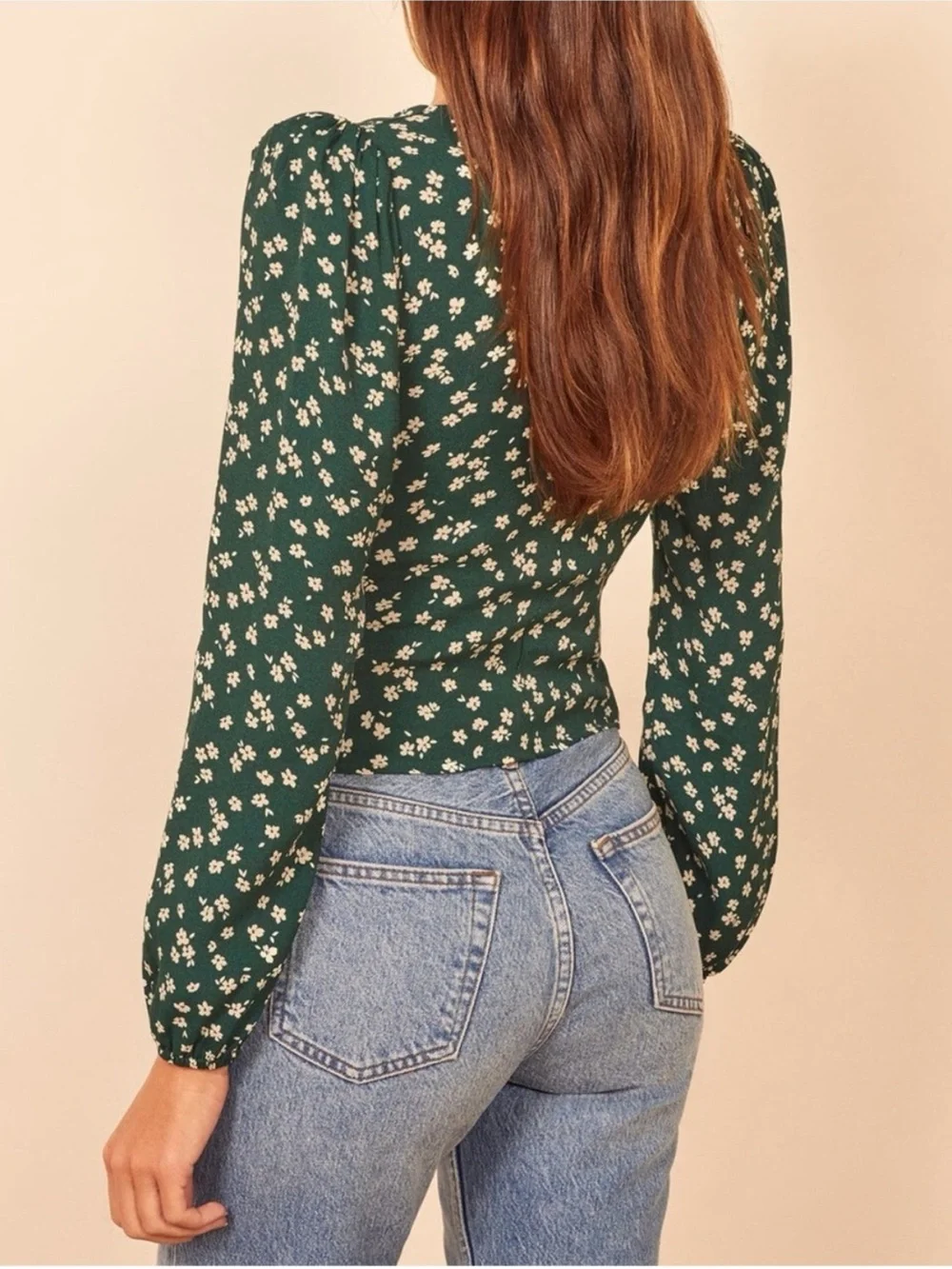 Reformation Forest Green Floral V-Neck Long Sleeve Top